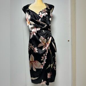 MAGGY LONDON Black Satin Floral Sheath Cocktail Dress with Keyhole Back - Sz 12